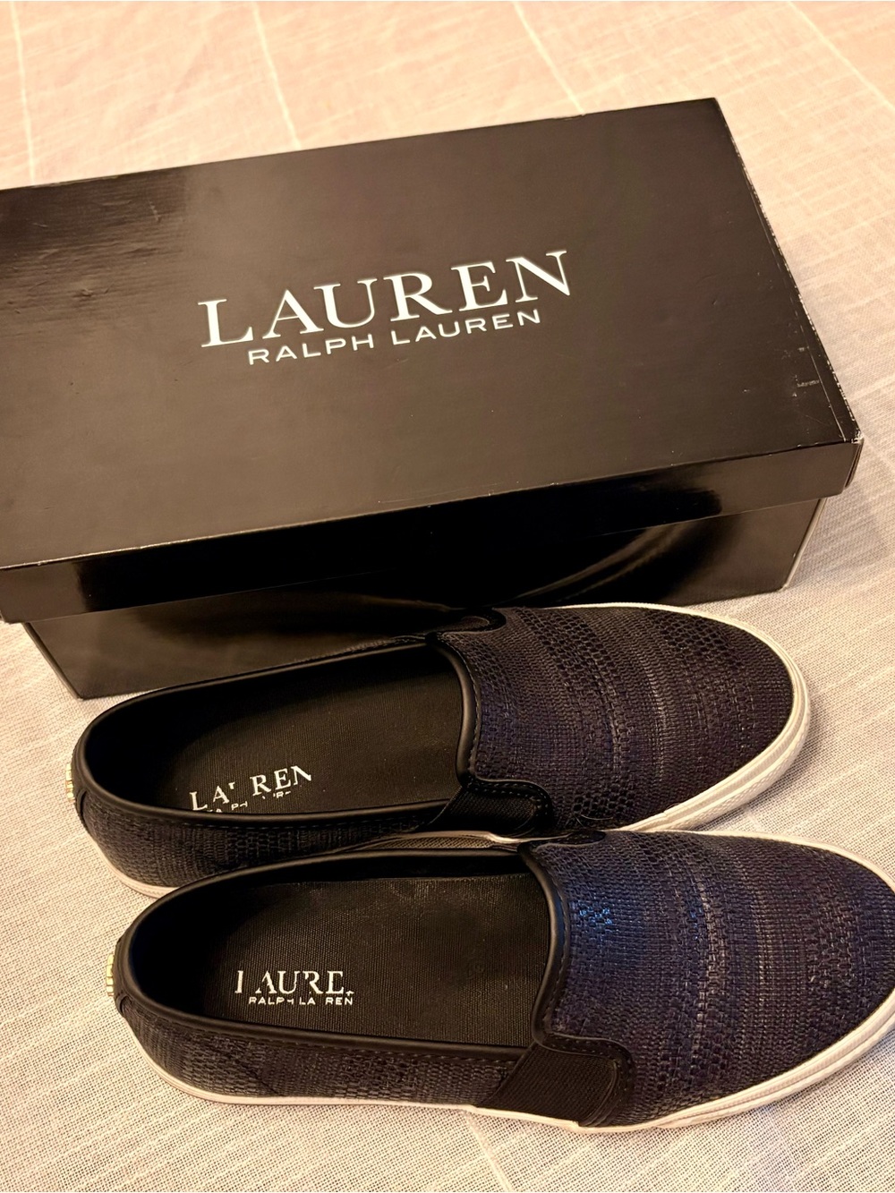 Lauren Ralph Lauren Men’s Dark Blue Knit Slip-On Sneakers